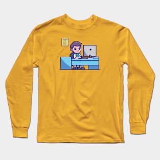 Cute Doctor Working On Computer Cartoon Long Sleeve T-Shirt